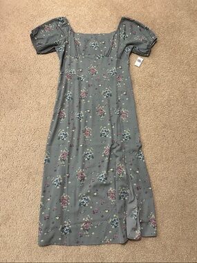 Disney Aladdin Jasmine Inspired Dusty Blue Floral Square-Neck Midi Slit Dress